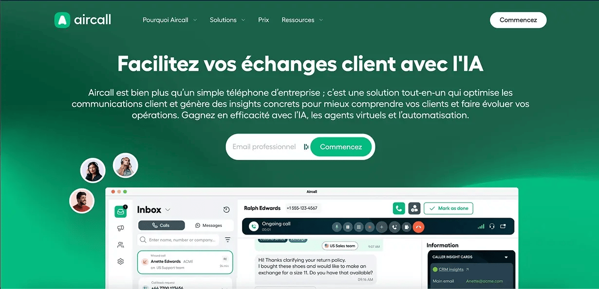 Capture d'écran de l'interface d'Aircall