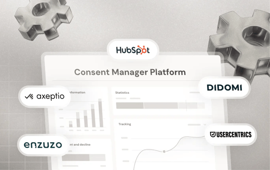 Illustration de cinq plateformes de gestion du consentement : Enzuzo, Axeptio, HubSpot, Didomi et Usercentrics