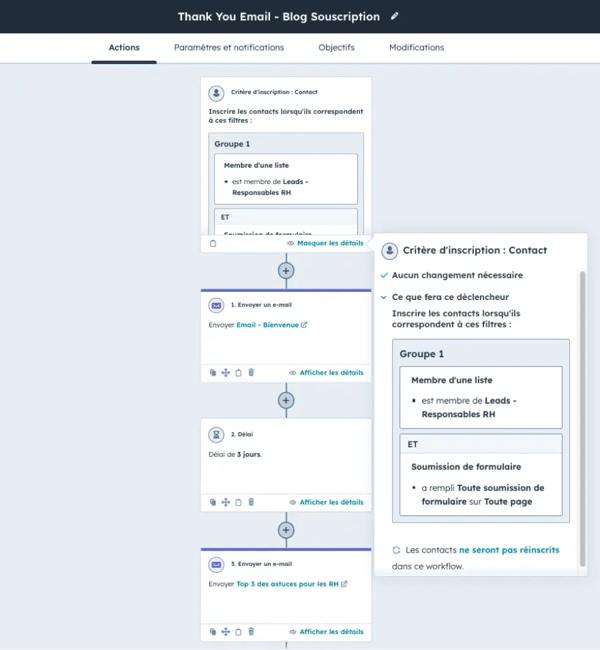 Exemple d'envoi de suite d'emails en workflows HubSpot