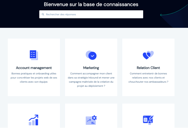Capture d'écran des catégories d'une base de connaissances