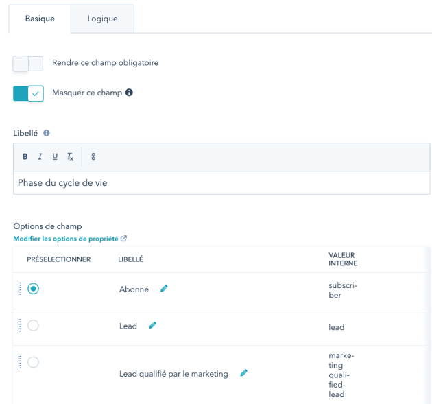 capture d'écran de l'édition de formulaire sur HubSpot