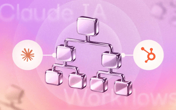 Le logo de Claude à gauche et de HubSpot à droite avec un schéma représentant un workflow au milieu