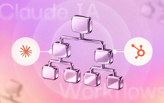 Le logo de Claude à gauche et de HubSpot à droite avec un schéma représentant un workflow au milieu