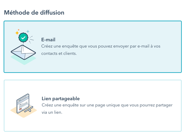 capture d'écran des méthodes de diffusion possibles pour les enquêtes personnalisées sur HubSpot