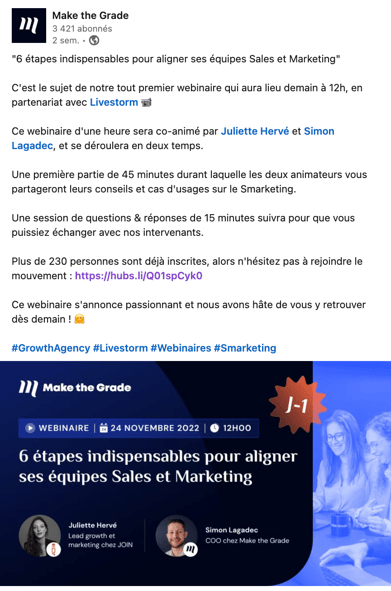 Exemple de post LinkedIn pour annoncer un webinaire