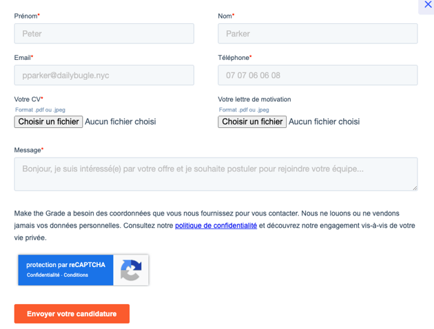 Capture d'écran du formulaire de recrutement sur le site Make the Grade
