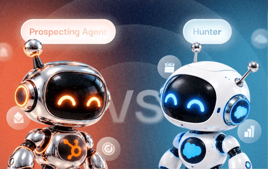 Comparaison entre HubSpot Prospecting Agent et Salesforce Hunter, représentés par deux robots futuristes, l’un orange et l’autre bleu, symbolisant les outils de prospection commerciale automatisée par IA.