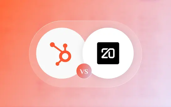 Le logo HubSpot à gauche et le logo de Twenty CRM à droite, avec une bulle 