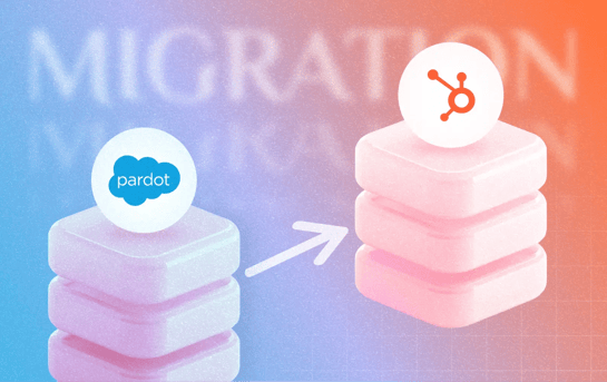 Le logo de Pardot en bas à gauche de l'image, une flèche au milieu pointe vers le logo HubSpot pour représenter la migration de Pardot vers HubSpot