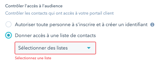 Capture d'écran du paramétrage des accès au portail client sur HubSpot