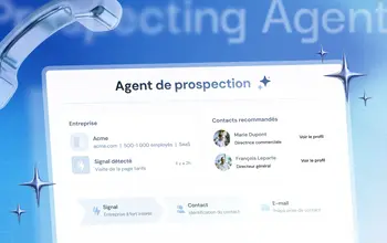 Interface de l'agent de prospection HubSpot montrant les fiches d'entreprises, les contacts recommandés et les signaux d'intérêt.