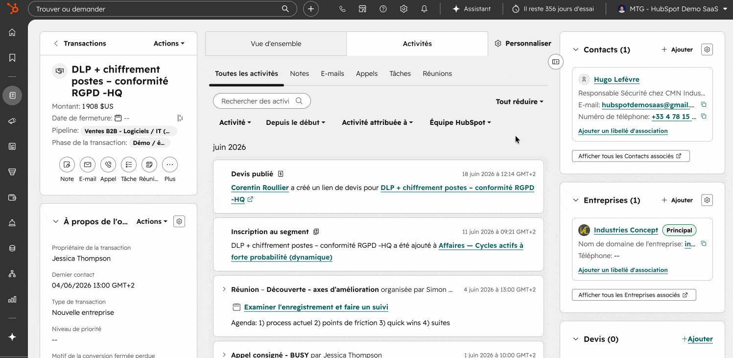 Démo de comment générer un devis standardisé sur HubSpot
