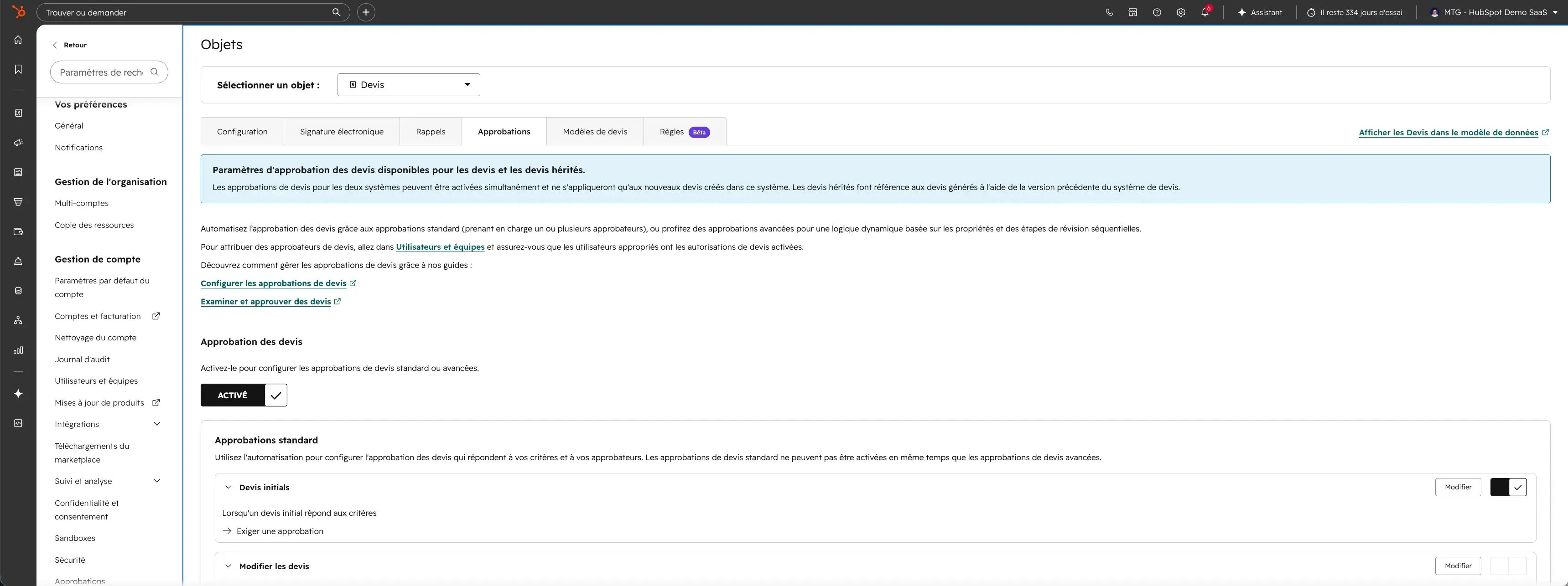 Page dédiée au flux d'approbation sur HubSpot