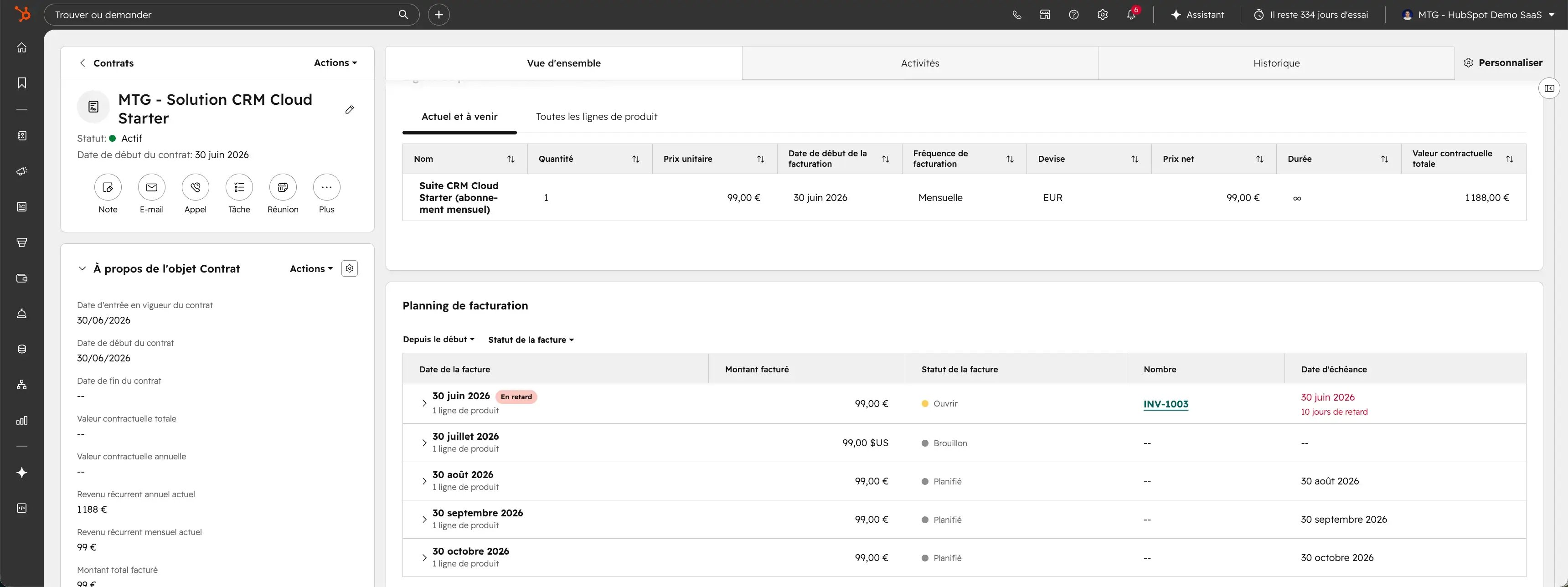 Page dédiée à l'objet contrat sur HubSpot