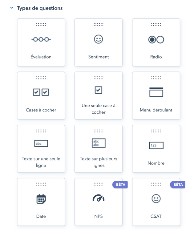 capture d'écran des types de questions disponibles pour les enquêtes personnalisées sur HubSpot