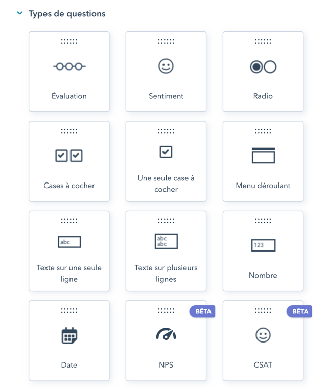 capture d'écran des types de questions disponibles pour les enquêtes personnalisées sur HubSpot