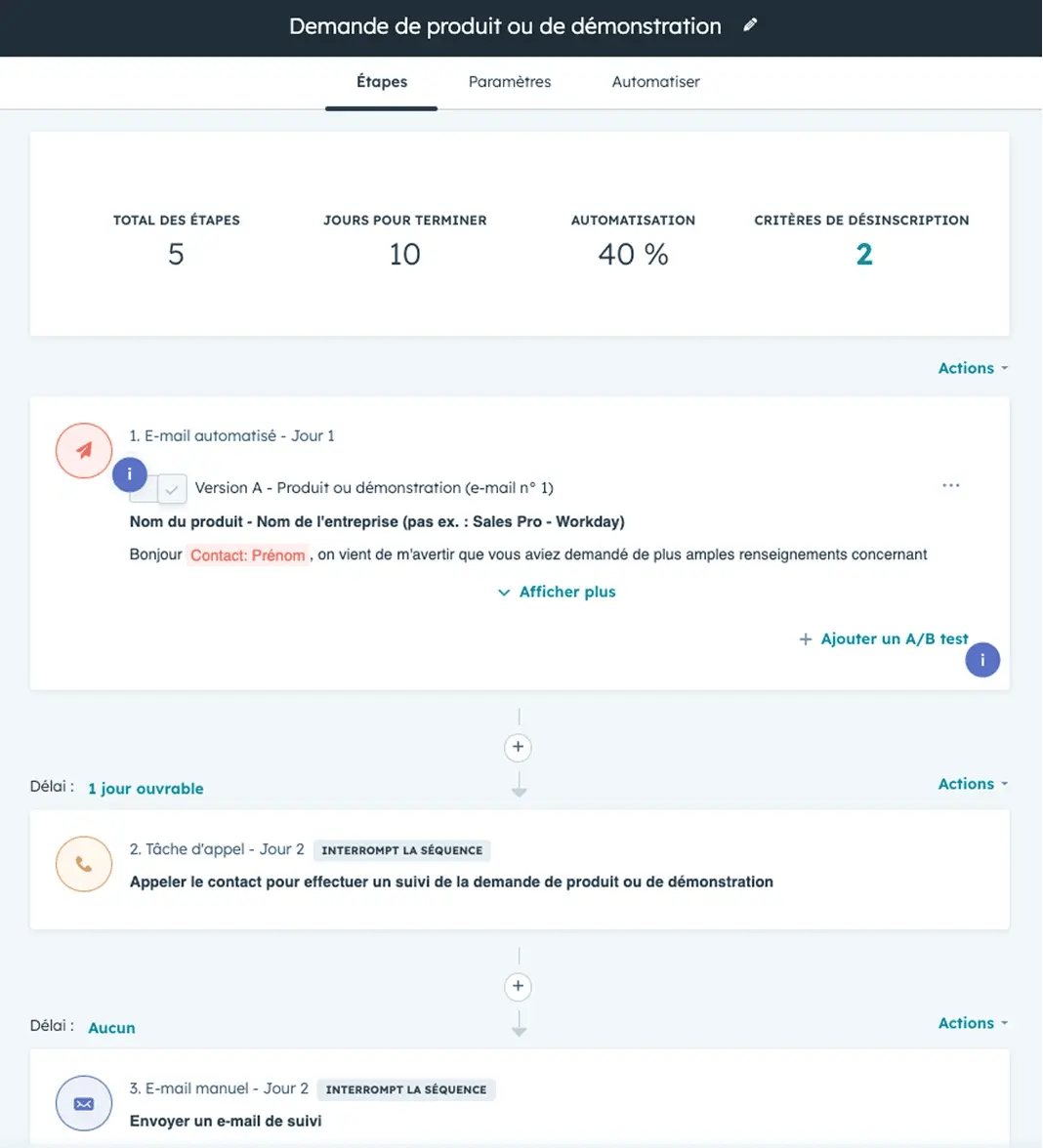 Capture d'écran d'une automatisation de relance client HubSpot