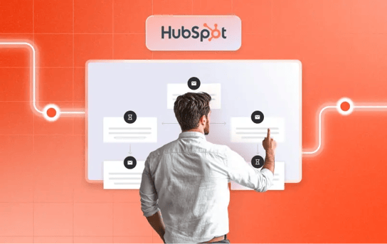 Illustration des workflows Sales Hub d'HubSpot sur fond orange 
