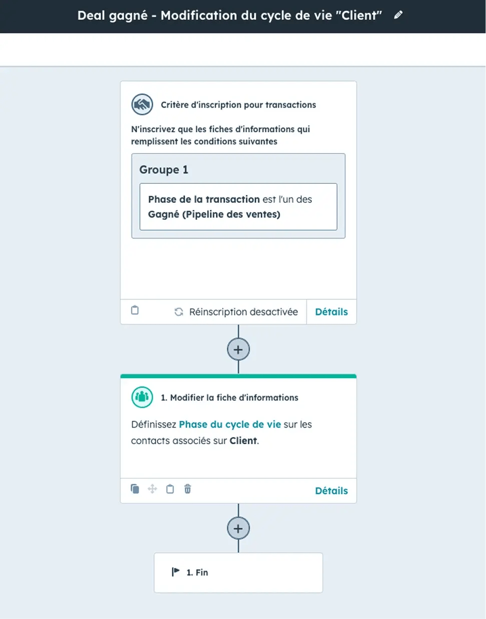 Capture d'écran d'un workflow de cycle de vie sur HubSpot