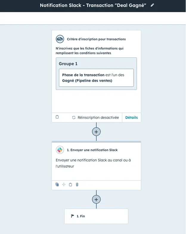 screen d'un workflow transaction HubSpot