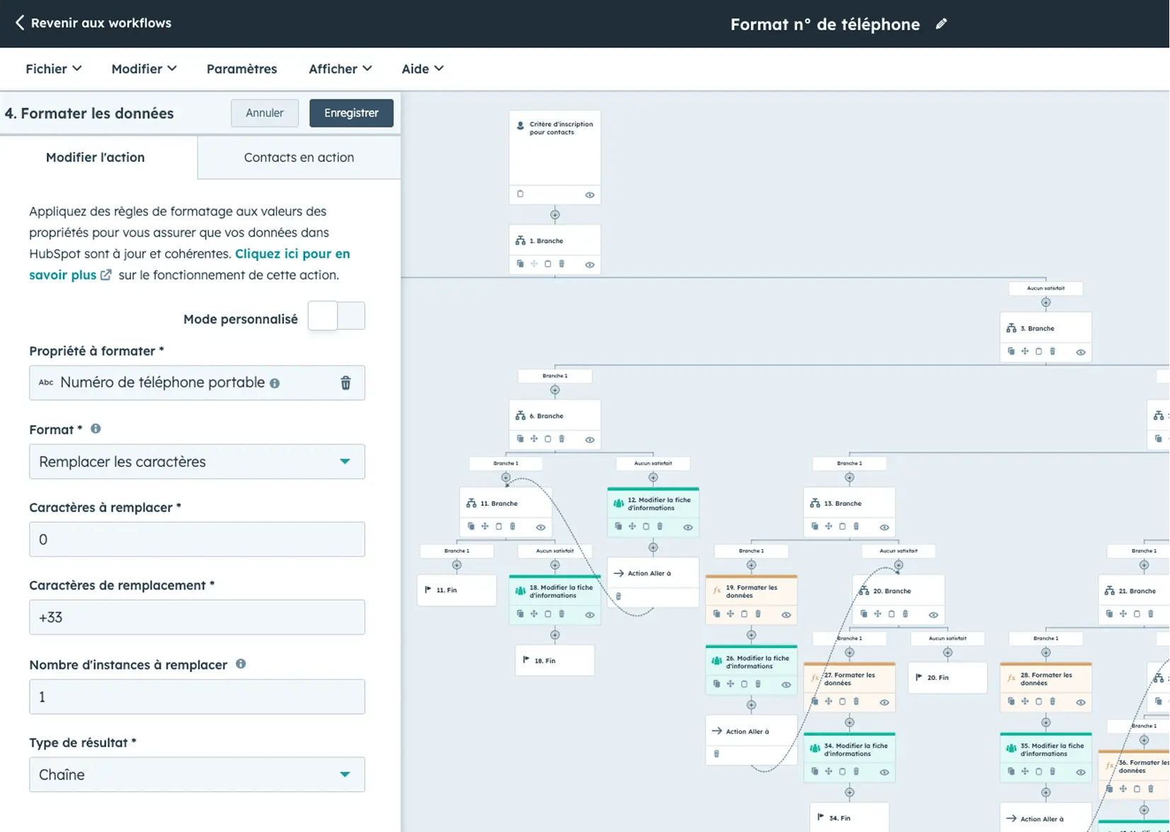 Capture d'écran d'un workflow formaté HubSpot