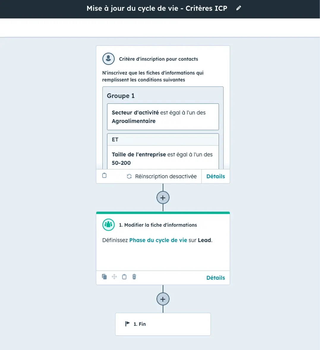 Capture d'écran d'un workflow de qualification de leads HubSpot