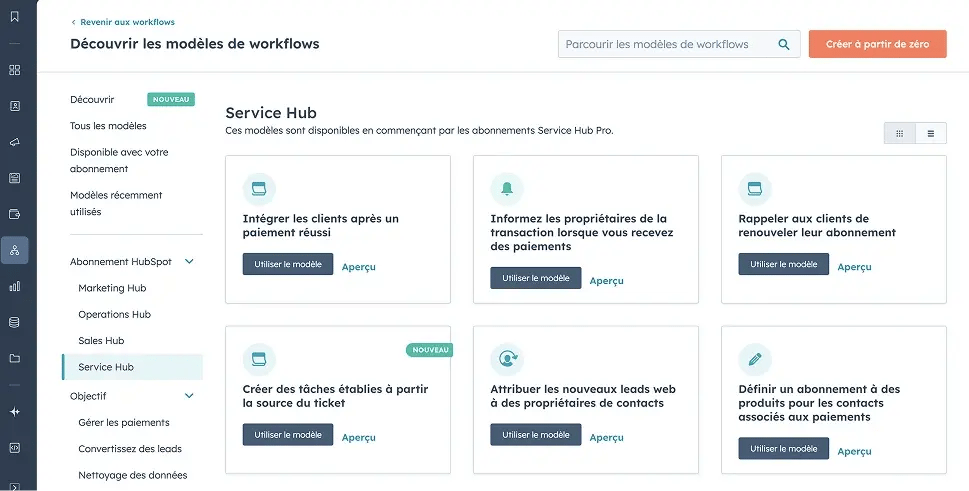 Capture d'écran des modèles de workflows du service hub d'HubSpot