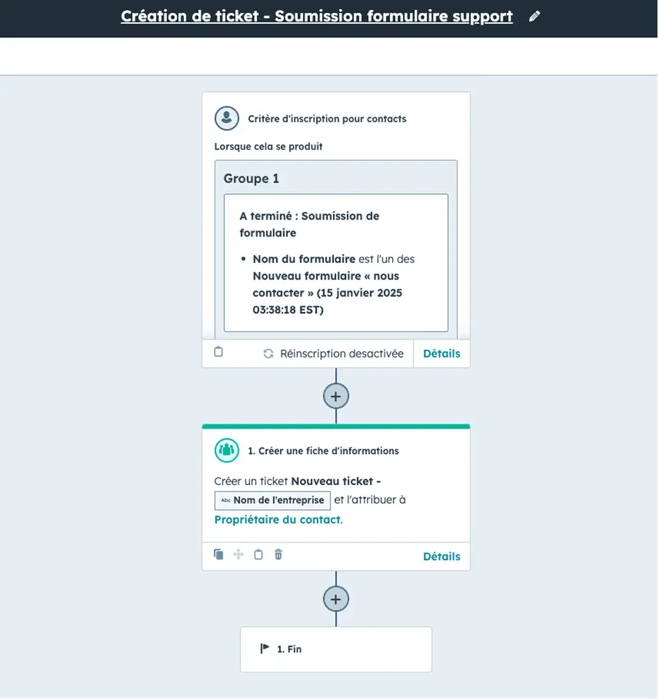 Capture d'écran d'un workflow HubSpot de la création d'un ticket
