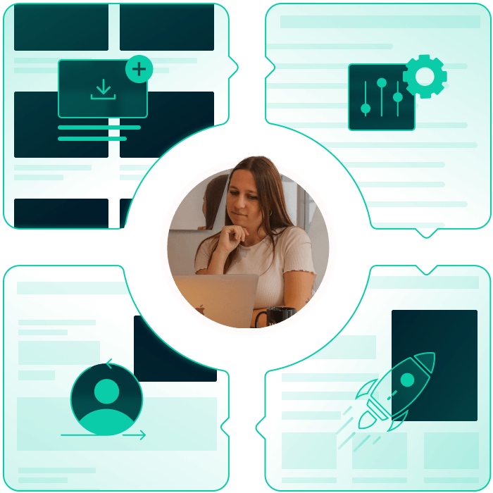 Photo of a webdesigner in the center, pictograms around representing drag & drop, HubSpot CMS and branding customization