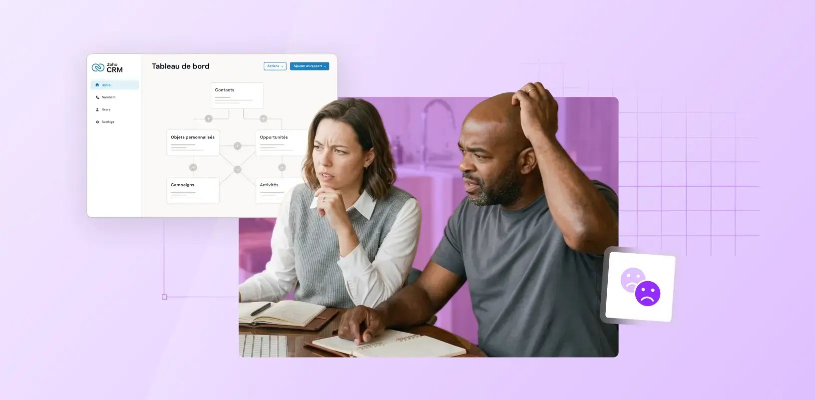 Deux personnes confuses devant un tableau de bord Zoho CRM incomplet
