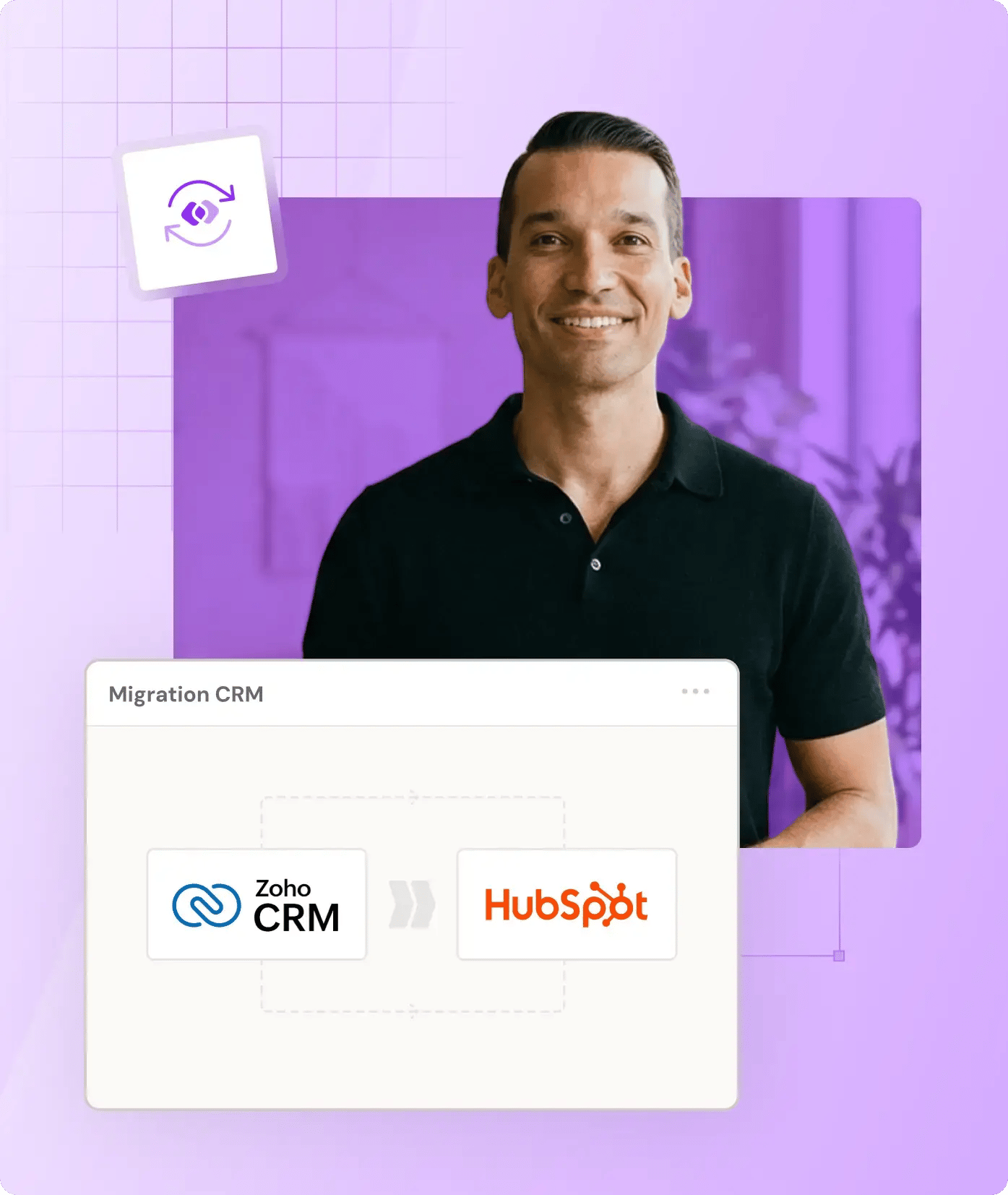 Un homme expert souriant sur la partie haute de l'image, et un encart blanc en bas de l'image contenant le logo Zoho CRM et le logo HubSpot CRM