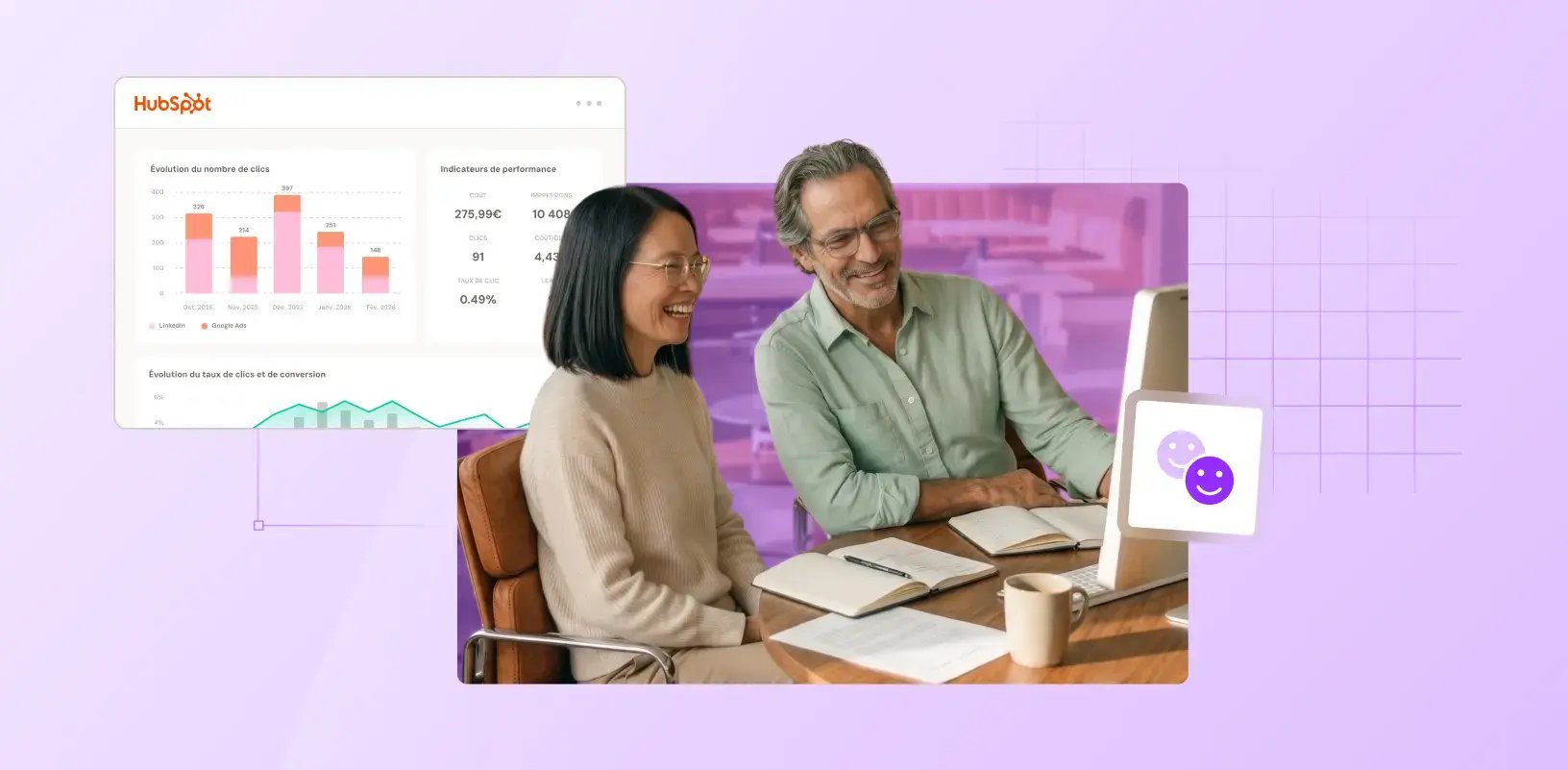 Deux personnes souriantes devant leur ordinateur avec un tableau de bord HubSpot propre et complet
