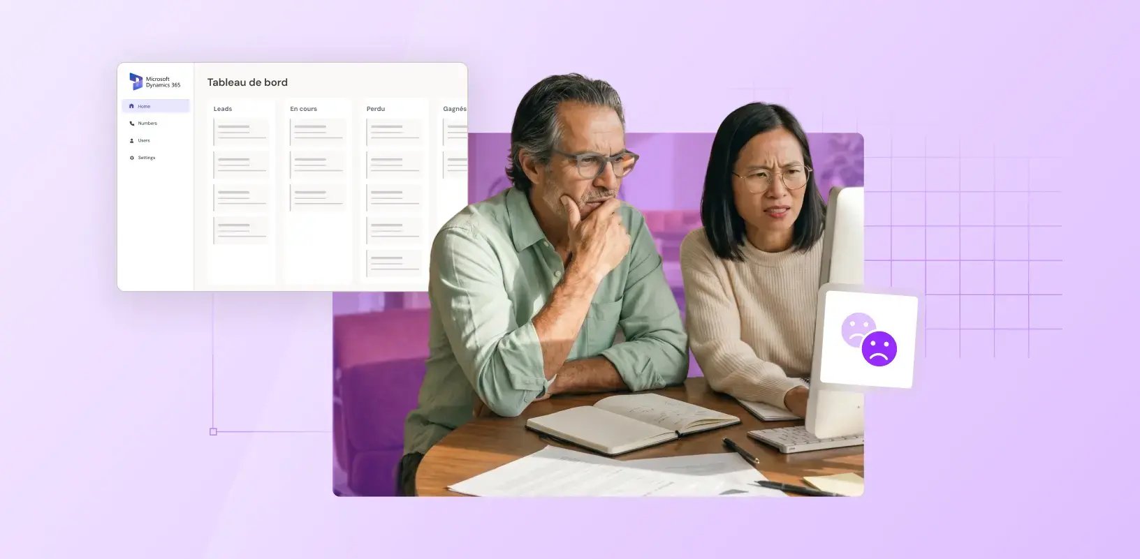 Deux personnes confuses devant un ordinateur avec un tableau de bord Dynamics 365 pas fonctionnel