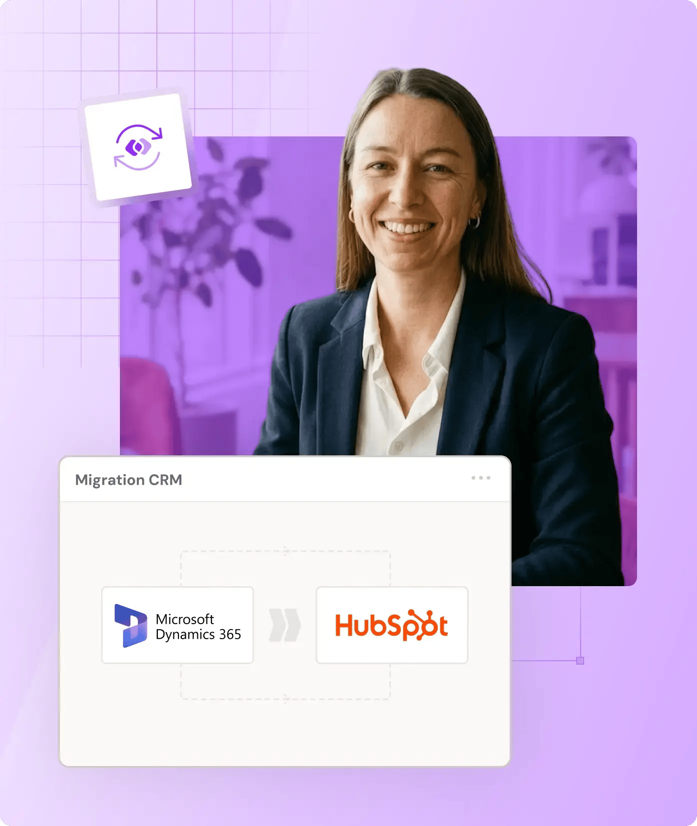 Une femme souriante, avec une case blanche contenant le logo de Microsoft Dynamics 365 et une flèche qui se dirige vers HubSpot