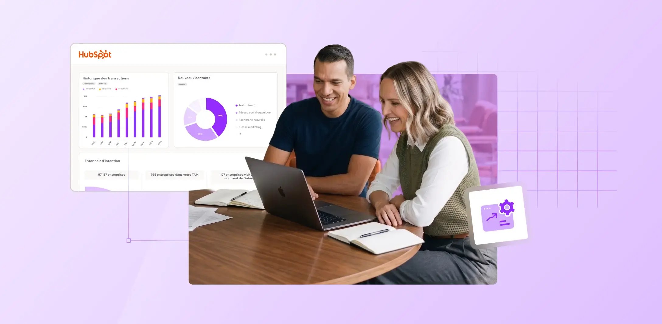 Deux personnes souriantes devant un tableau de bord HubSpot complet et structuré