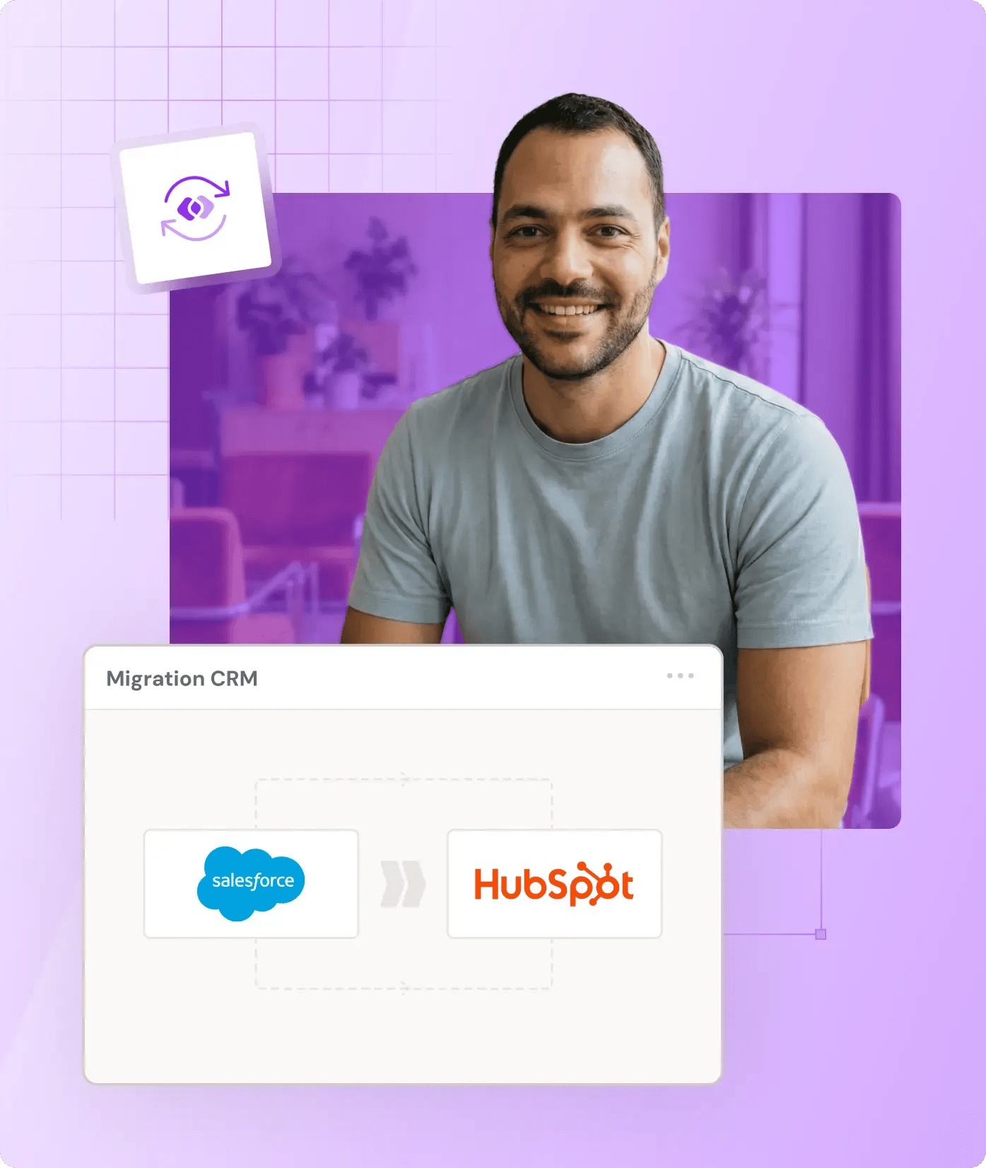 Un homme souriant avec un cadre blanc contenant le logo Salesforce, et une flèche au milieu se dirigeant vers le logo HubSpot