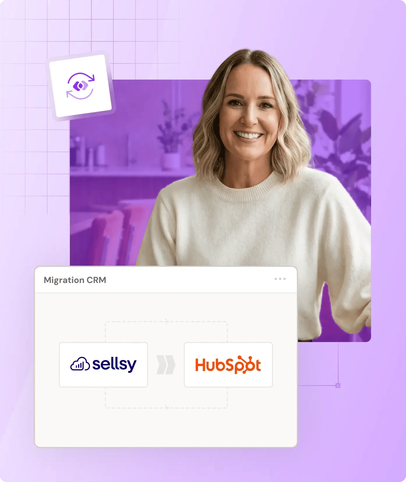 Une femme souriante expert, et un encart blanc contenant le logo de Sellsy ainsi qu'une flèche qui se dirige vers le logo HubSpot représentant la migration.