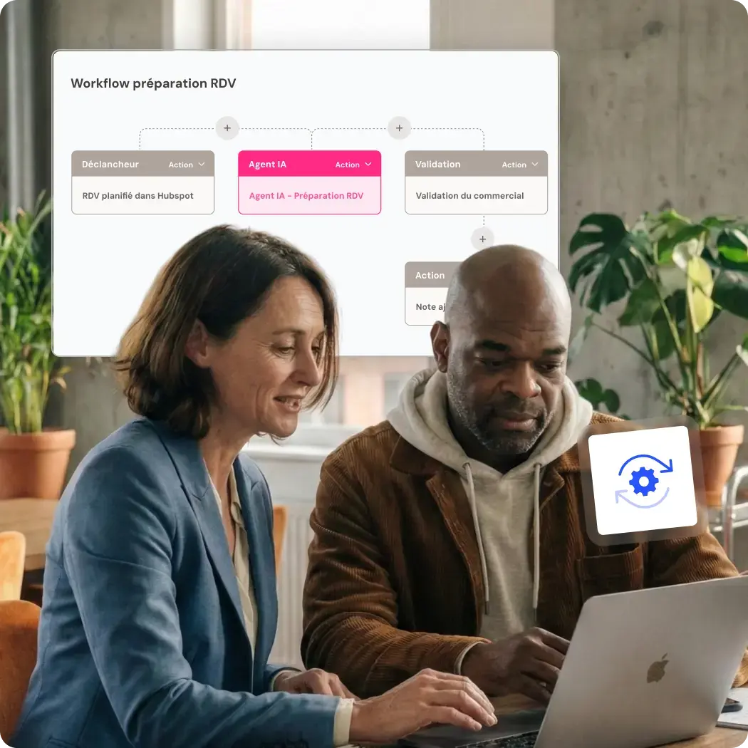 Deux professionnels collaborent sur un ordinateur avec un workflow automatisé par un agent IA pour préparer leurs rendez-vous commerciaux.