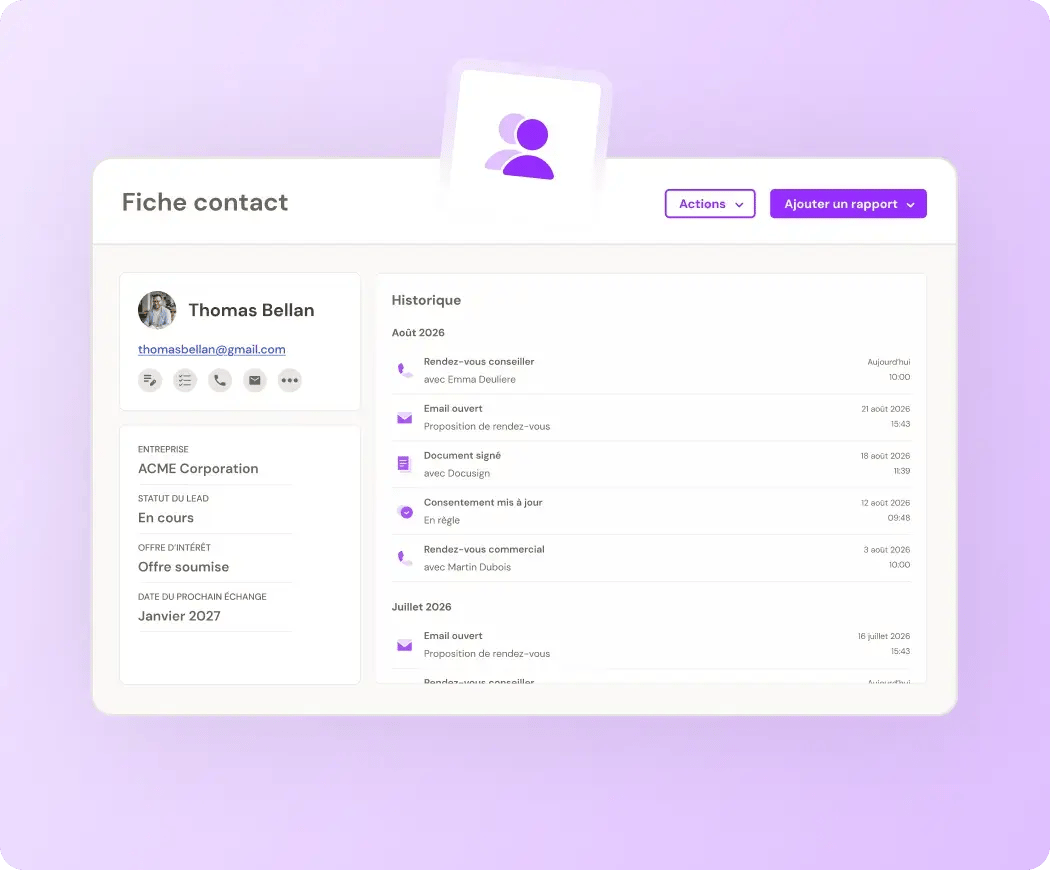 Fiche contact HubSpot regroupant les coordonnées, le statut du prospect et l'historique des interactions