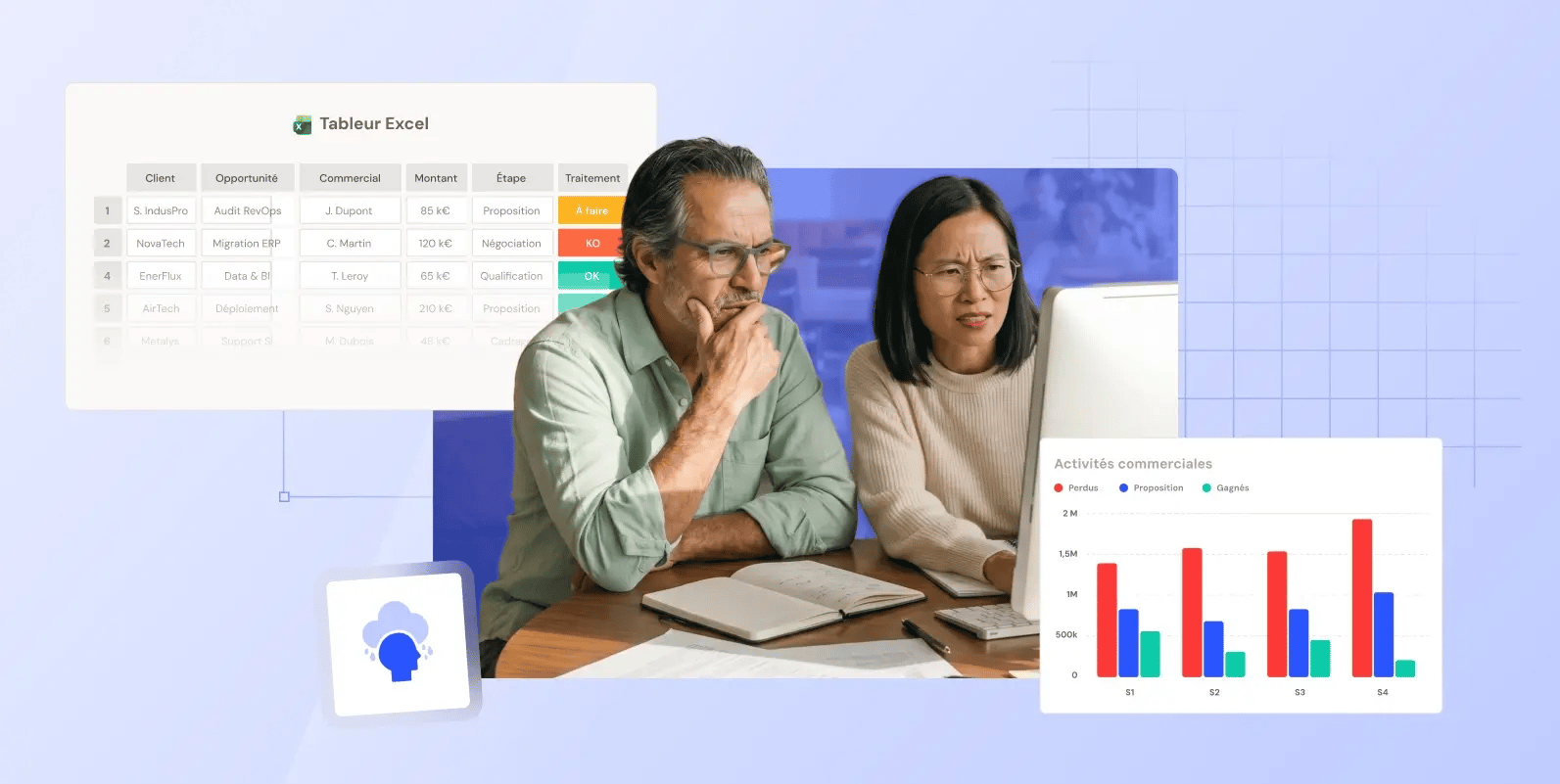 Un homme et une femme regardant un écran d'ordinateur avec une image représentant un tableau excel