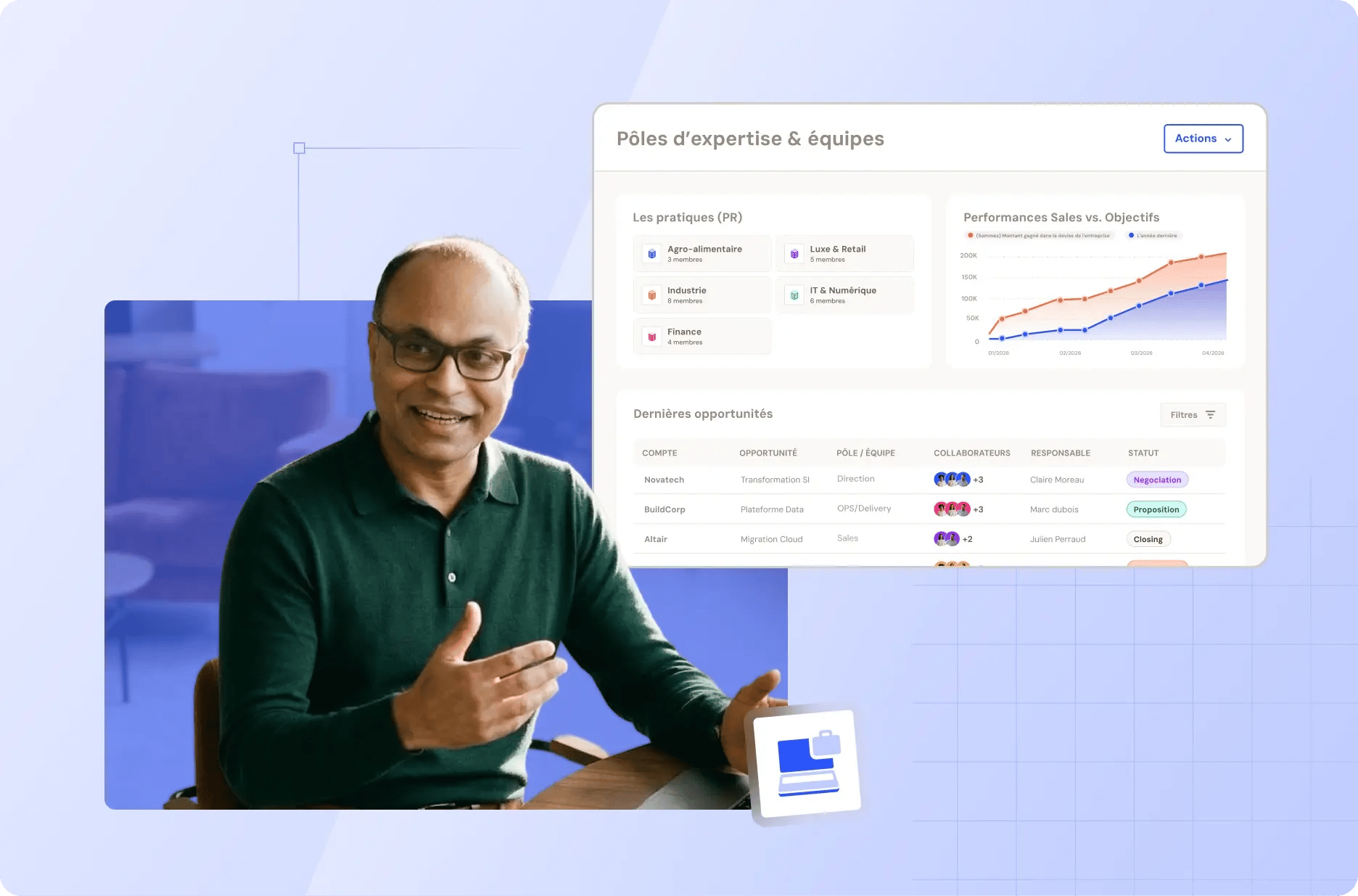 Un homme souriant avec une image représentant un tableau de suivi qui regroupe les opportunités, les performances et les pratiques
