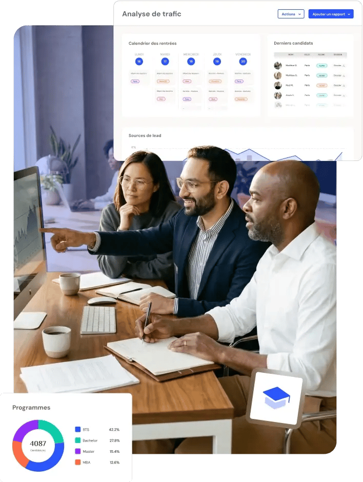 Illustration homepage avec trois personnes devant un écran qui regarde l'analyse du traffic des candidats