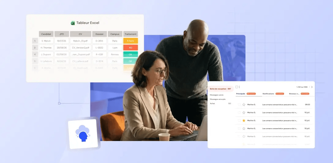 Illustration deux personnes devant un ordinateur qui gèrent tout depuis un fichier excel