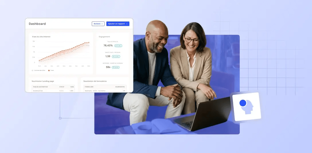Illustration deux personnes devant un ordinateur qui regarde un dashboard complet