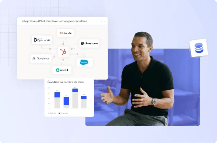 Un homme mature assis avec une image représentant les différentes intégrations API et synchronisation avec HubSpot