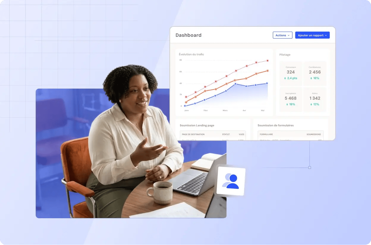 Illustration d'une femme avec un dashboard représentant l'évolution du traffic
