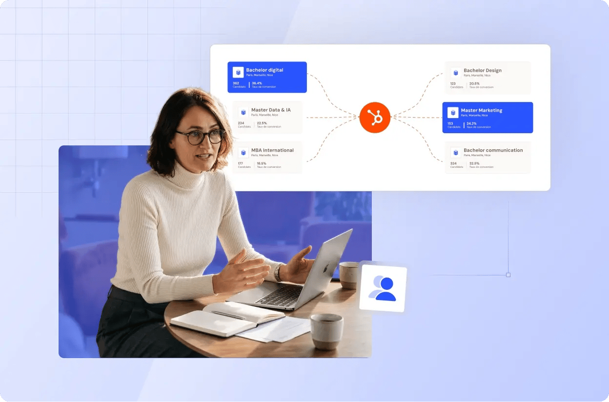 Illustration d'une femme assise devant son ordinateur avec une image représentant les différents programmes reliés à HubSpot
