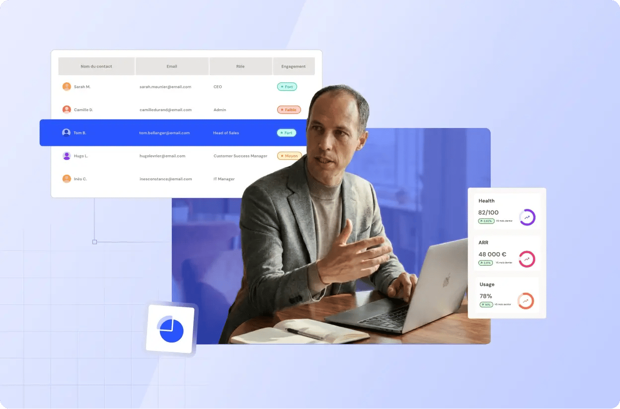 Un homme mature expliquant quelque chose avec une image montrant les différents comptes d'une entreprise.