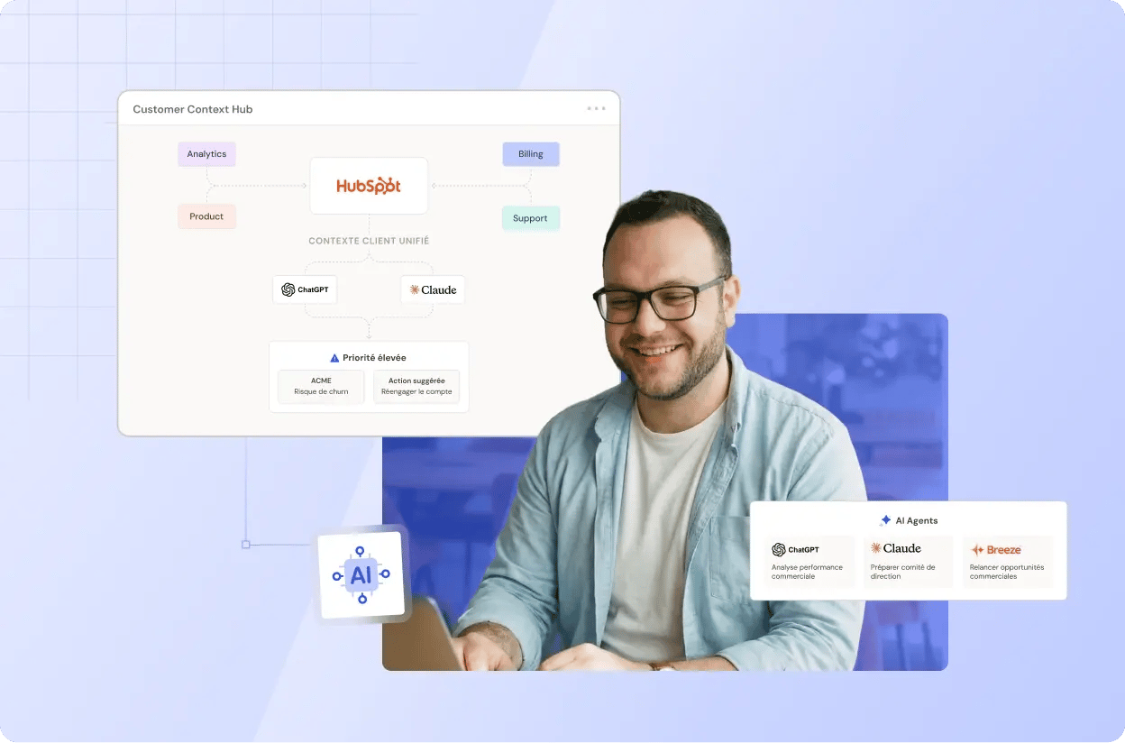 Un homme souriant et une image représentant les différents outils connectés à HubSpot