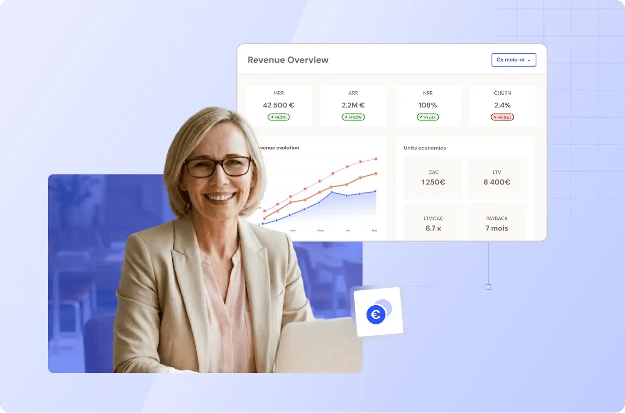 Une femme souriante avec une image regroupant les données de revenu.